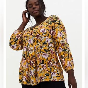Torrid size 0 yellow floral fit and flare long sleeve blouse crinkle gauze boho